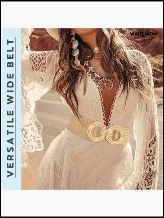 Wide Woven Stretch Belt with Gold Buckle - Boho Beach Dress Belt main image 4